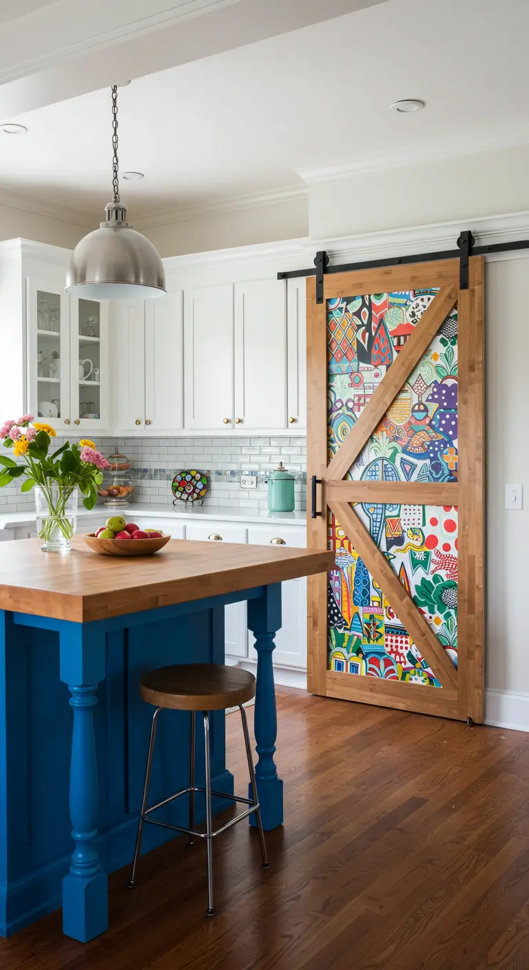 Kitchen with a wood barn door customized with colorful, abstract art panels.