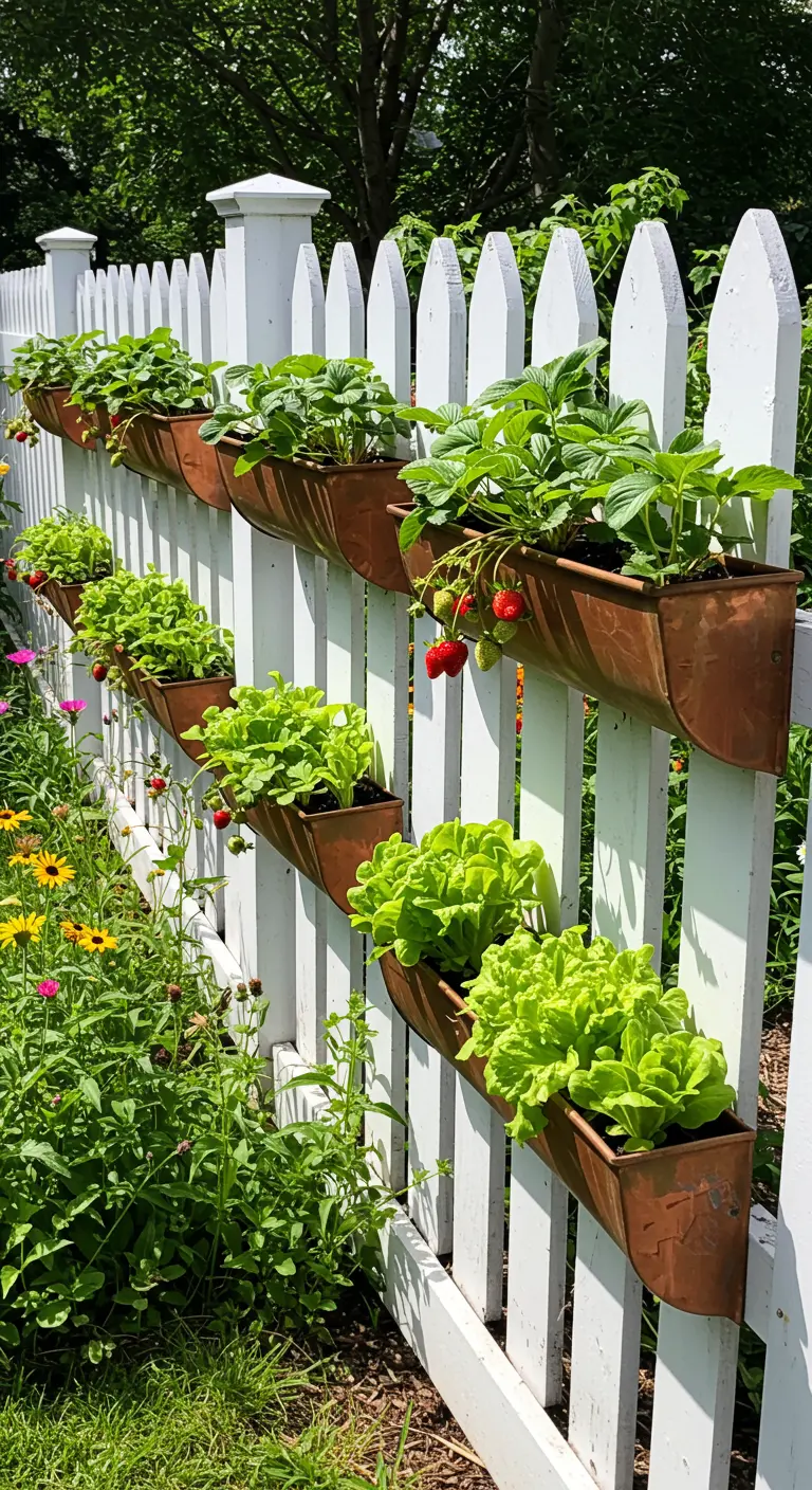 Copper planters on a white picket fence growing strawberries and lettuce