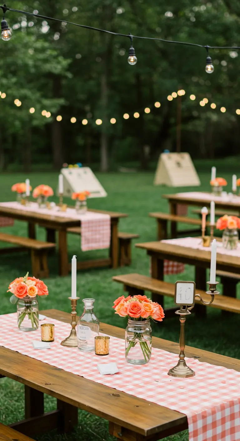 Casual picnic-style wedding table with a gingham runner and coral roses in mason jars.