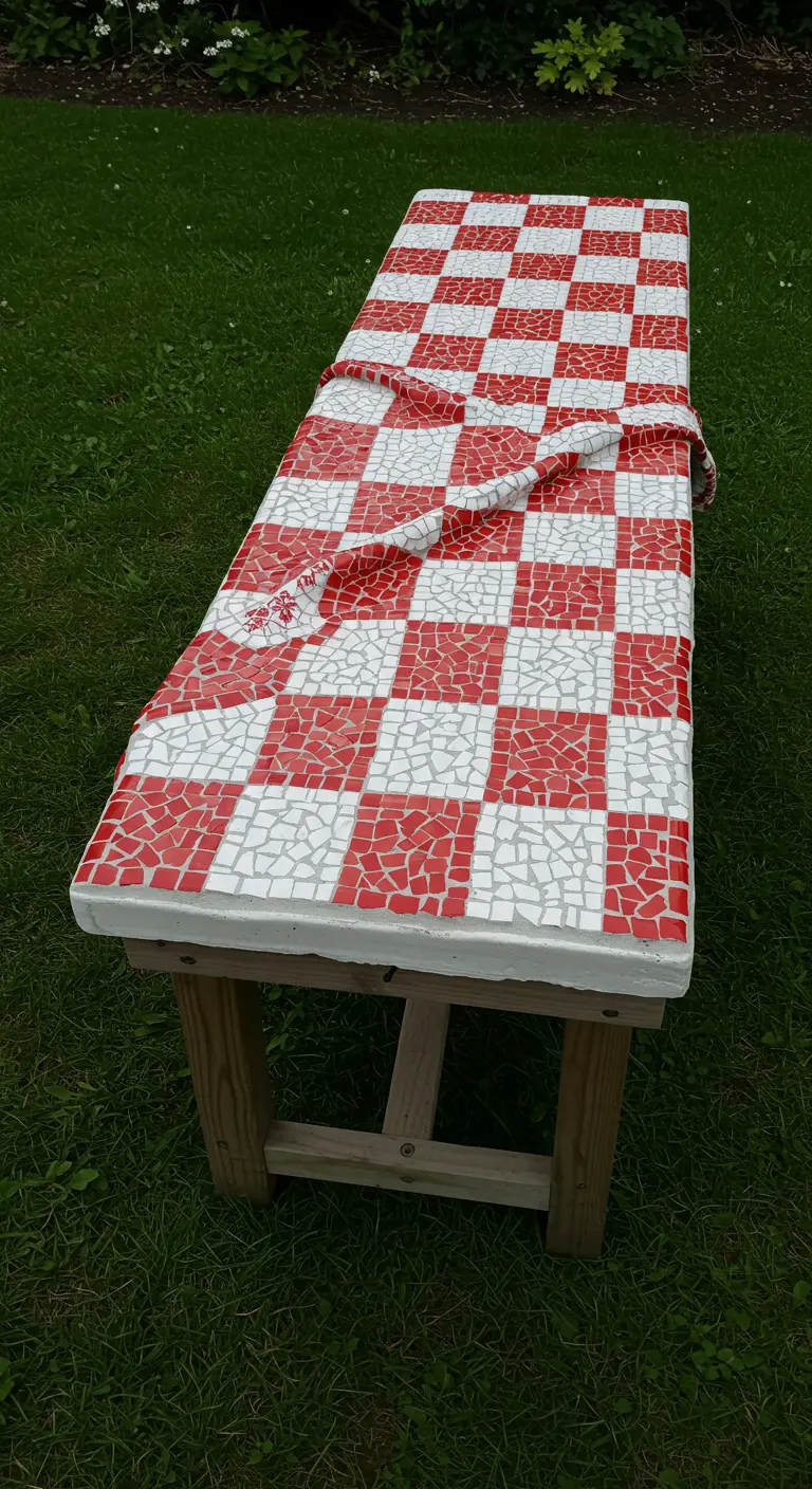 A wooden bench in a green lawn with a red and white checkerboard mosaic that looks like a picnic blanket.