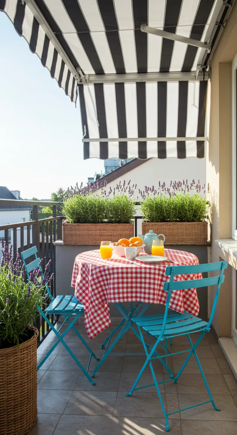 A balcony with a turquoise bistro set, a red gingham tablecloth, and wicker planters.