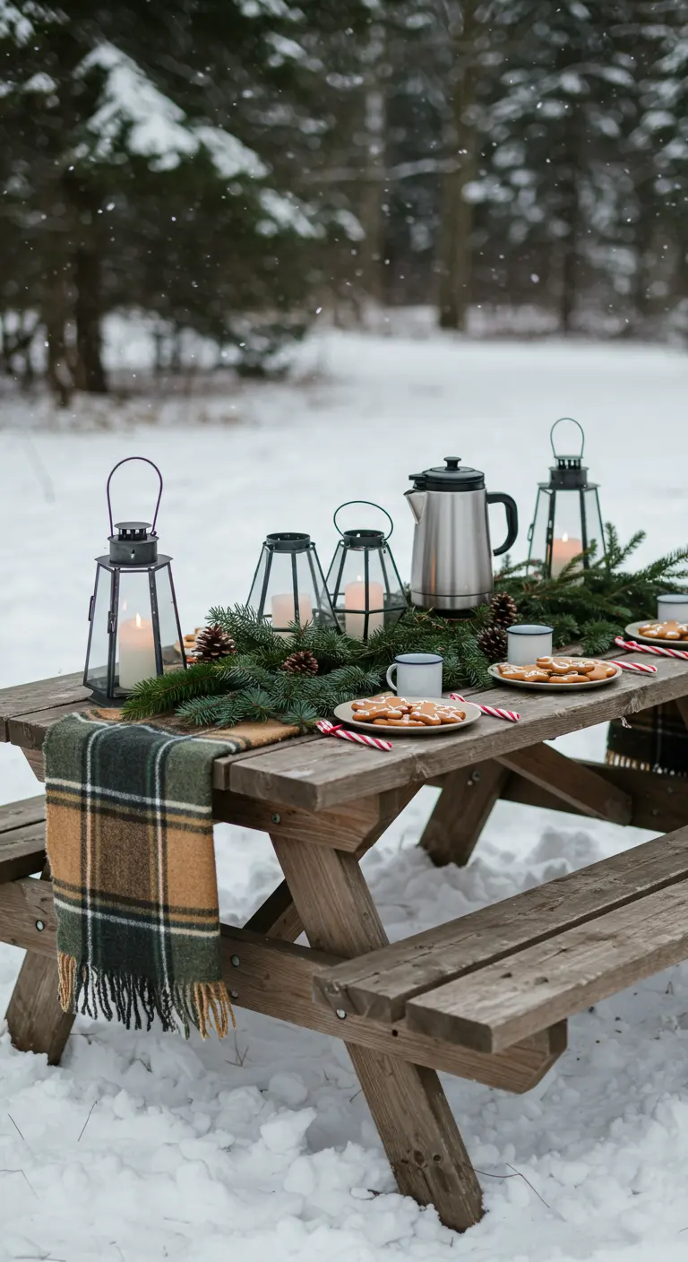 Winter picnic table in the snow with lanterns, a plaid throw, and hot drinks.