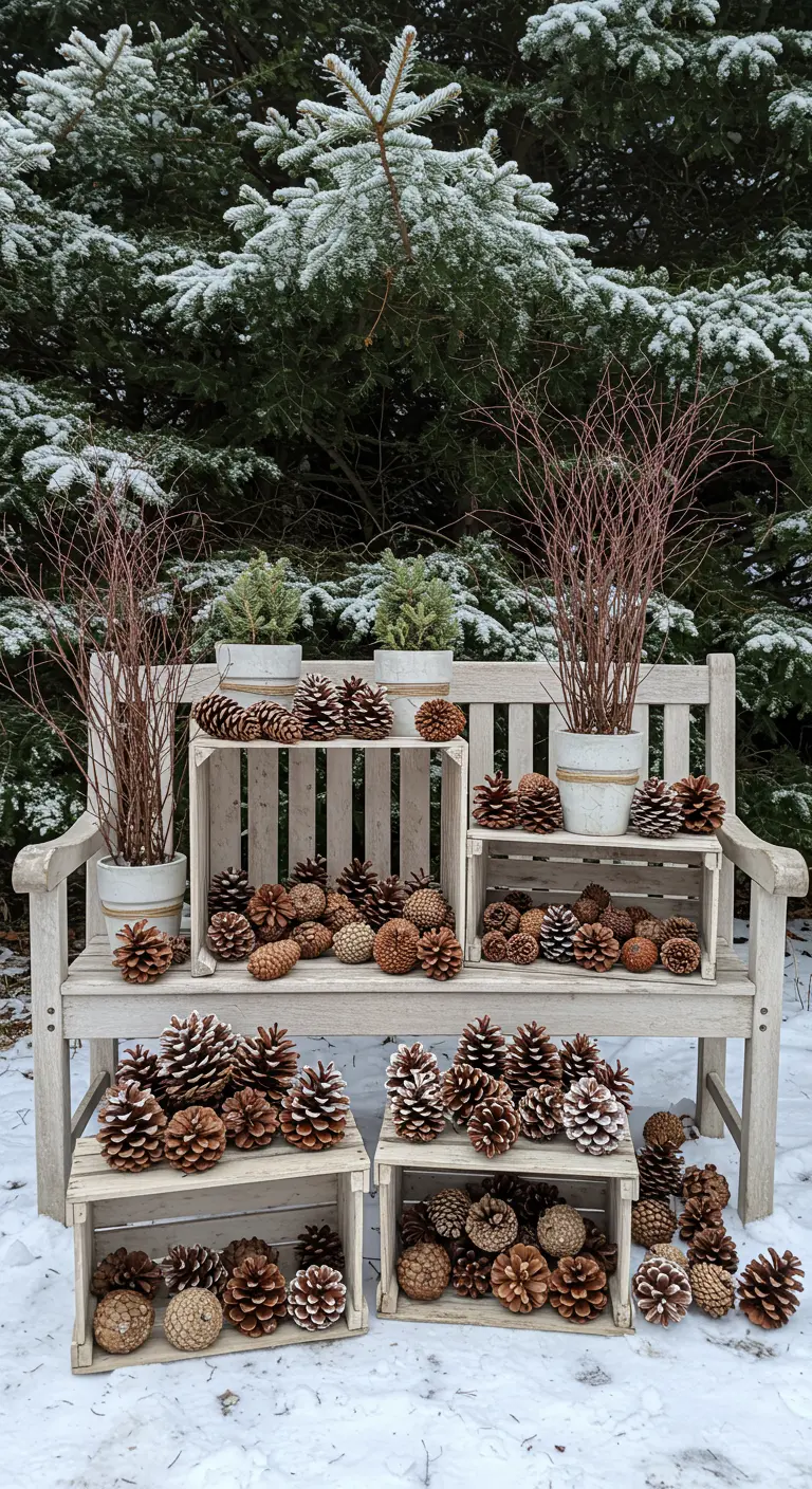 Outdoor bench with crates filled and surrounded by numerous pinecones in a snowy setting.