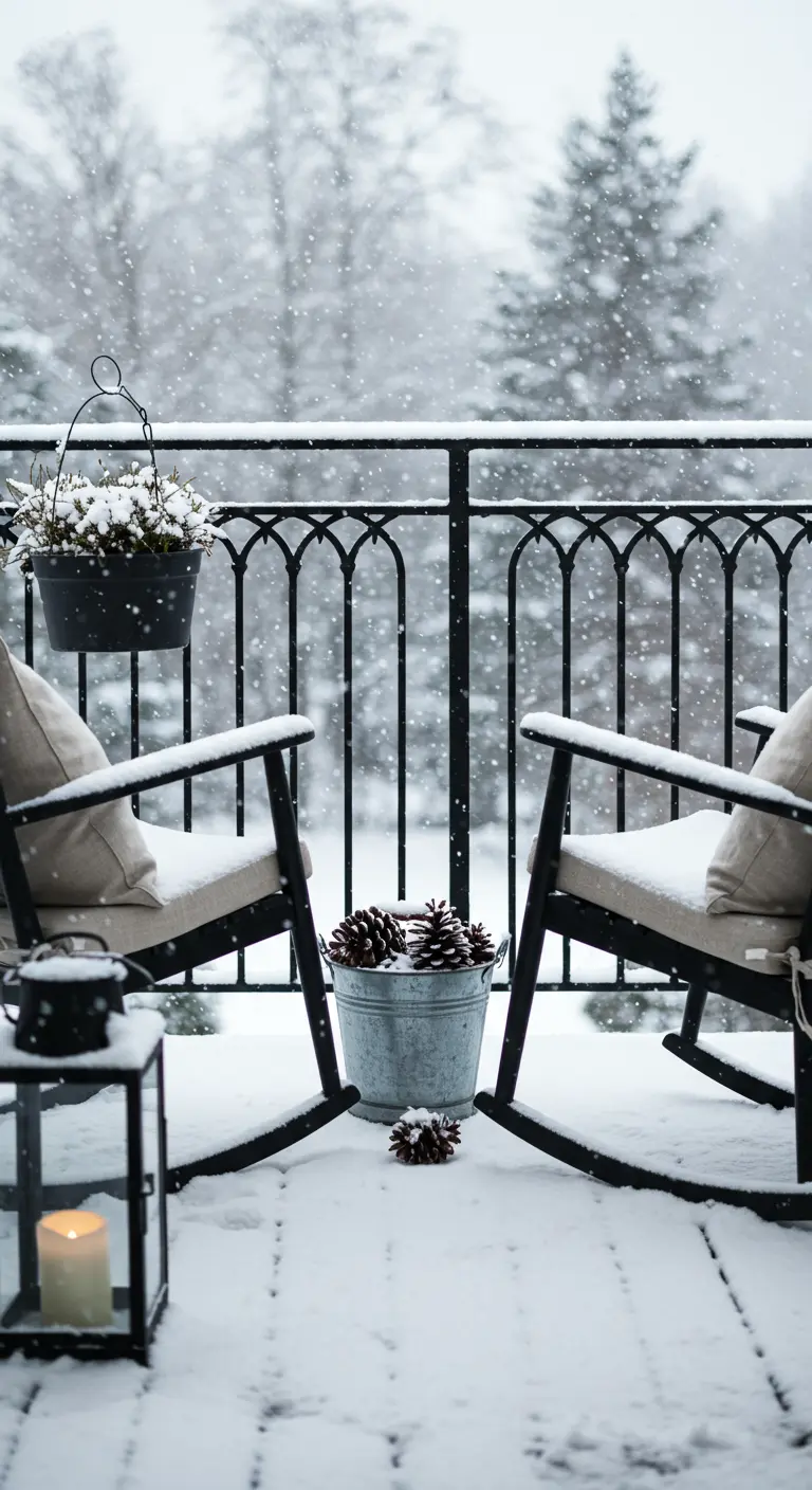 Two rocking chairs on a snowy balcony with a bucket of pinecones between them.