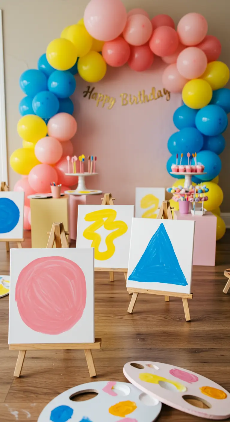 A kids' art party setup with mini easels, canvases, and colorful paints.