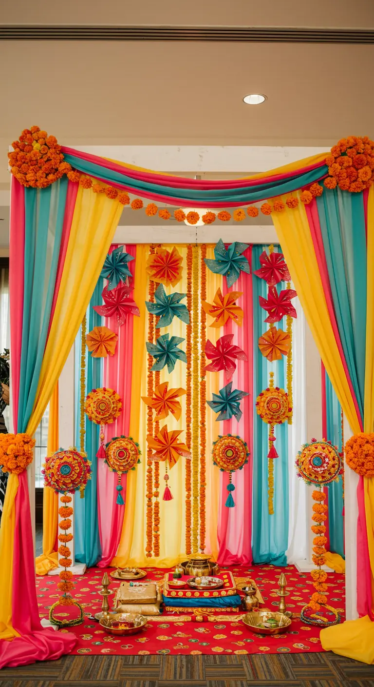 A colorful Mehendi backdrop with bright drapes, marigold garlands, and paper pinwheels.