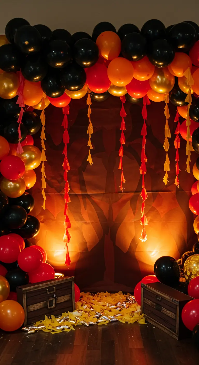 A pirate-themed balloon arch in black, red, and gold over treasure chests.