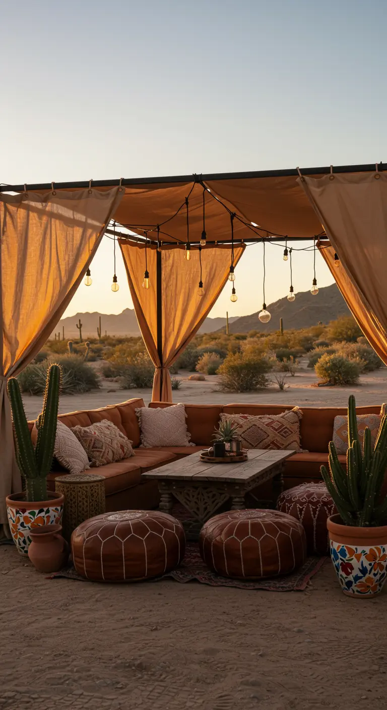 A desert seating area with a terracotta fabric canopy, sectional sofa, and cacti at sunset.