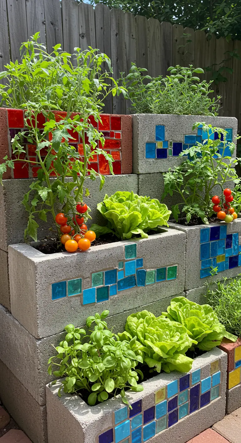 Tiered cinder block planters with colorful tile accents grow tomatoes, lettuce, and herbs.
