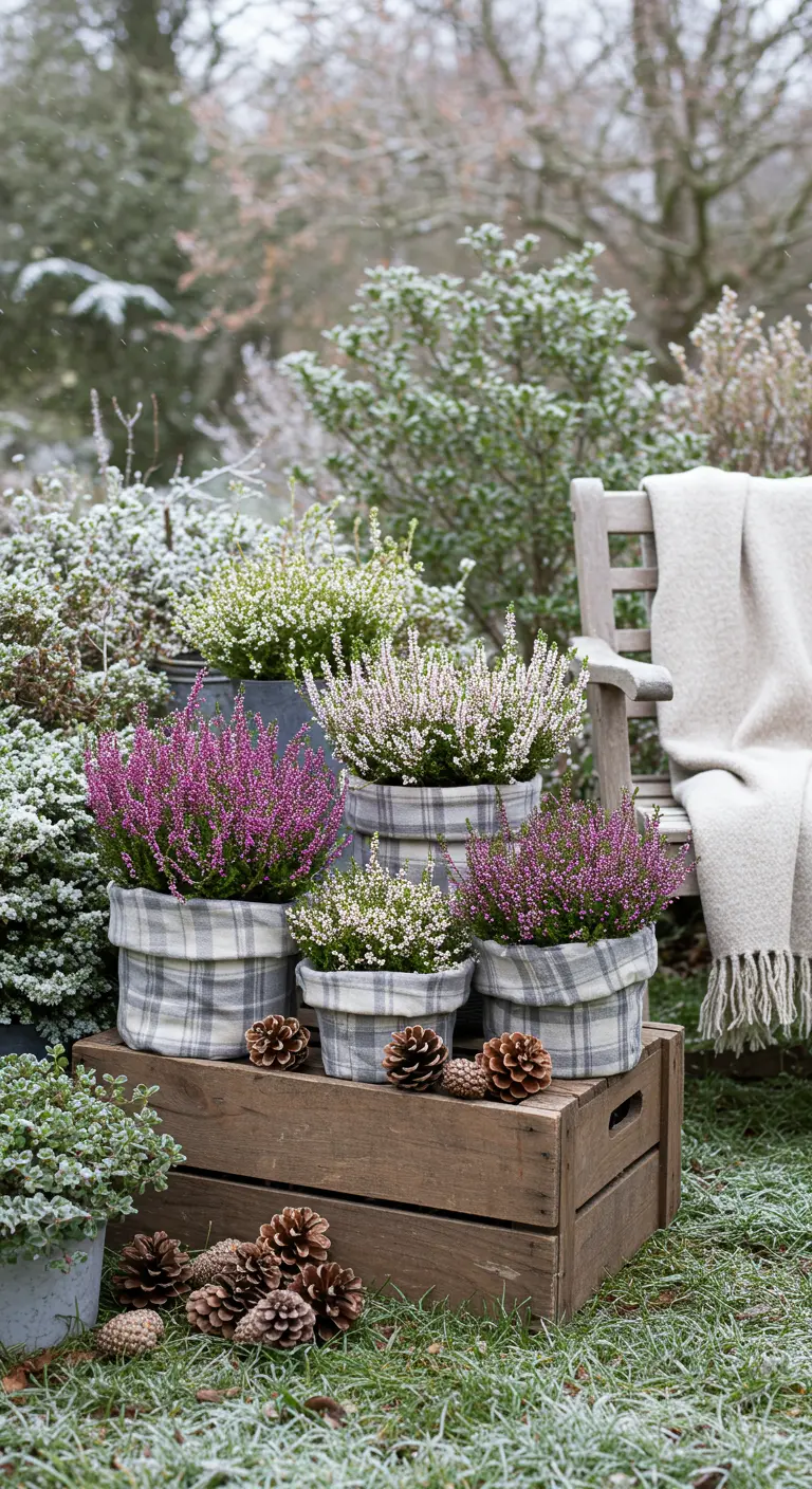 Wooden crate with plaid-wrapped heather, pinecones, and a cozy bench in a snowy garden.