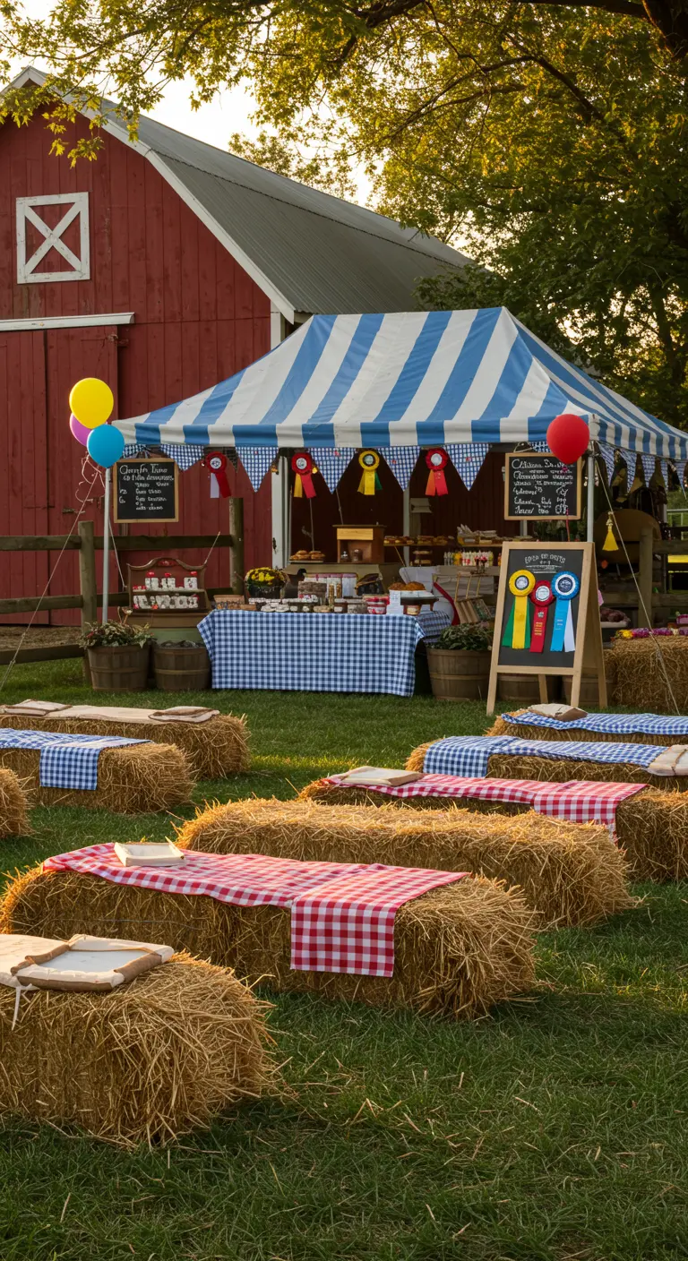 A county fair-themed party in front of a red barn with a striped tent and hay bale seating.