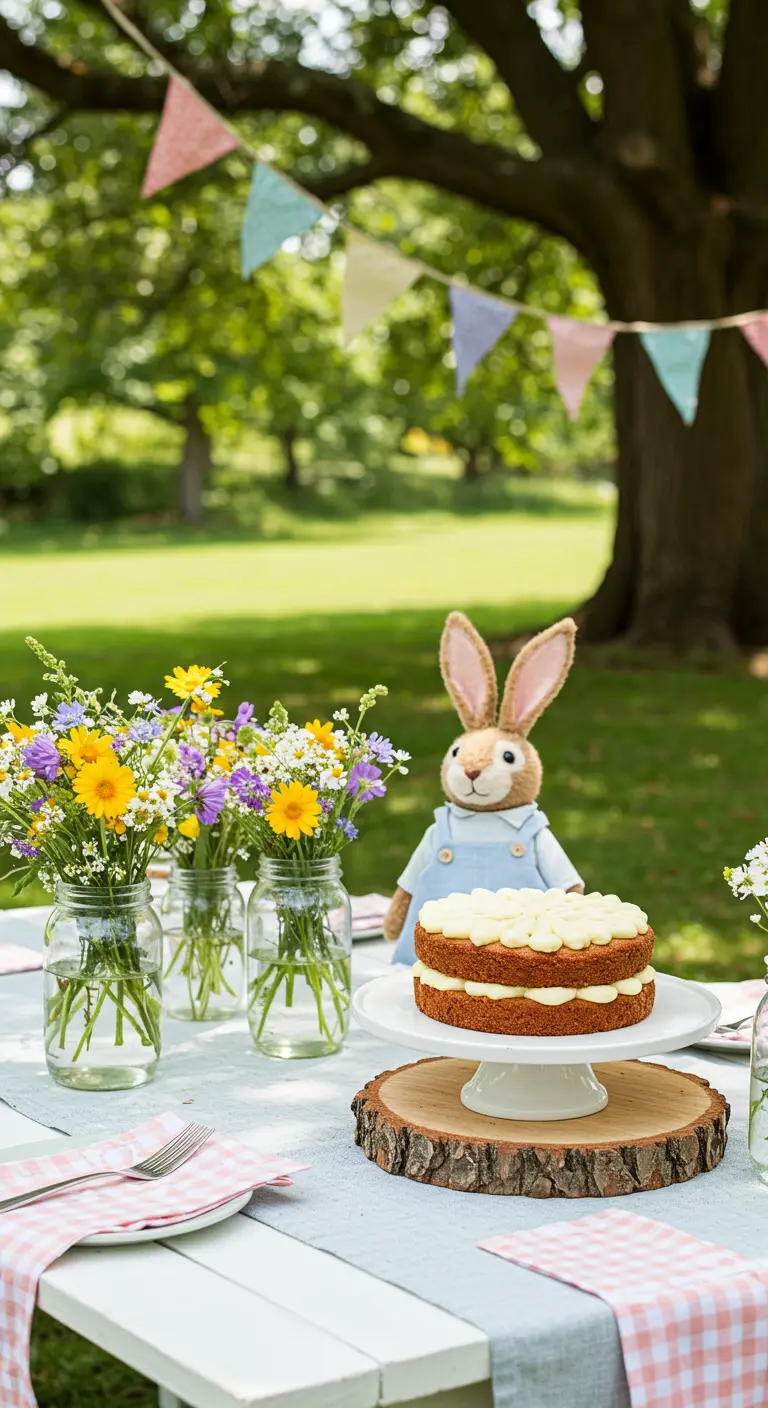 Simple woodland picnic table with a bunny doll, carrot cake, and wildflowers in jars.
