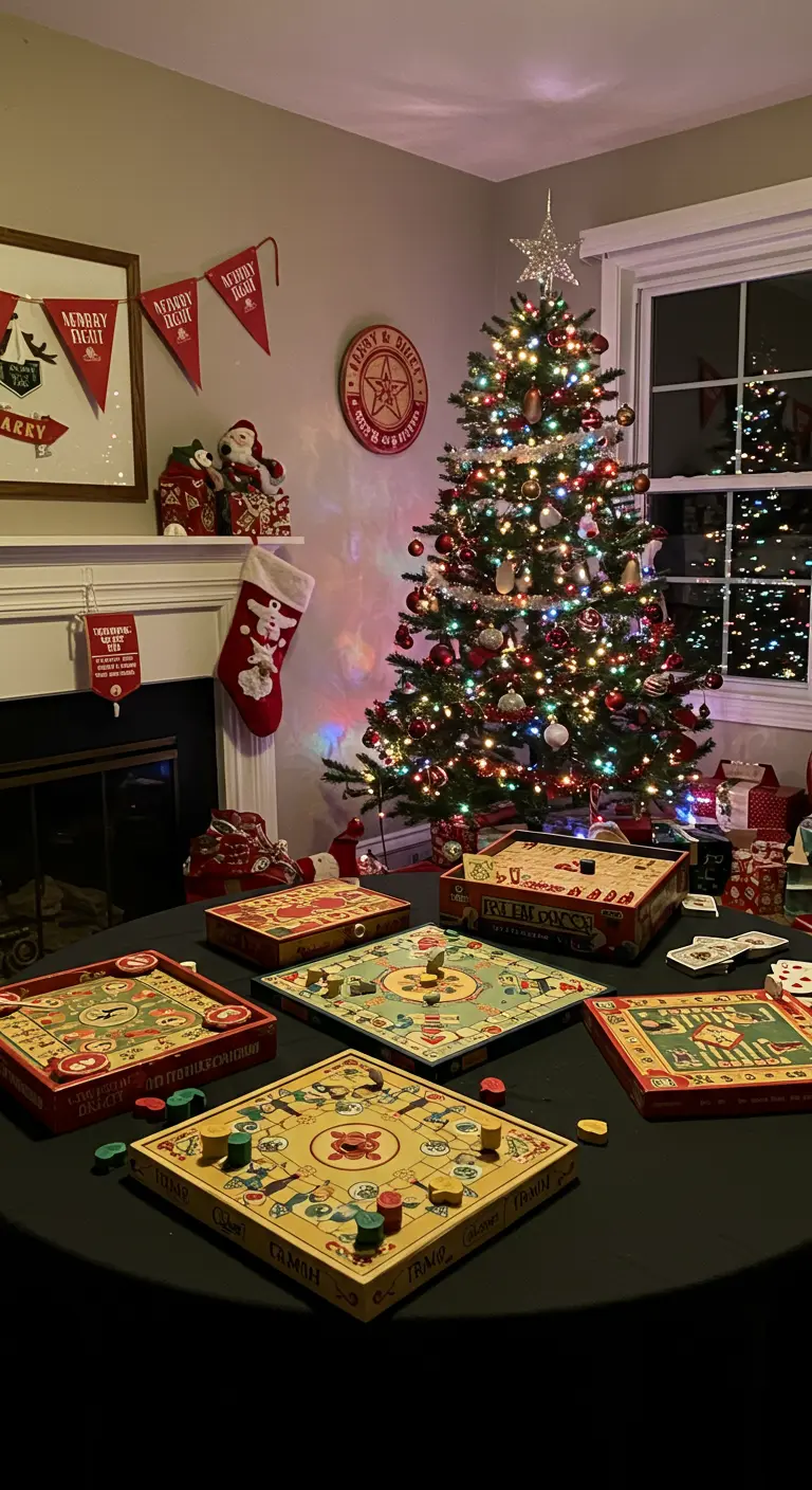 A table set up with several vintage board games ready for a Christmas party.
