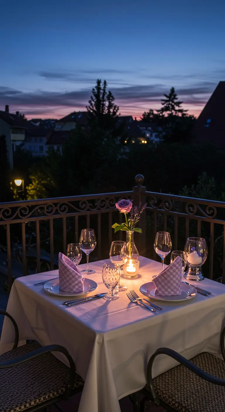 Romantic dinner for two on a balcony at sunset with a single rose and candle.