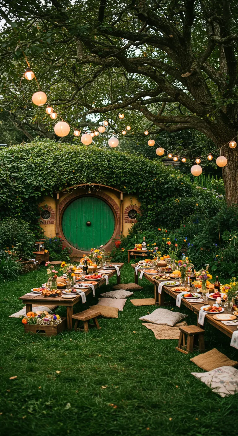 An outdoor party set up to look like the Shire, with a round green hobbit door.