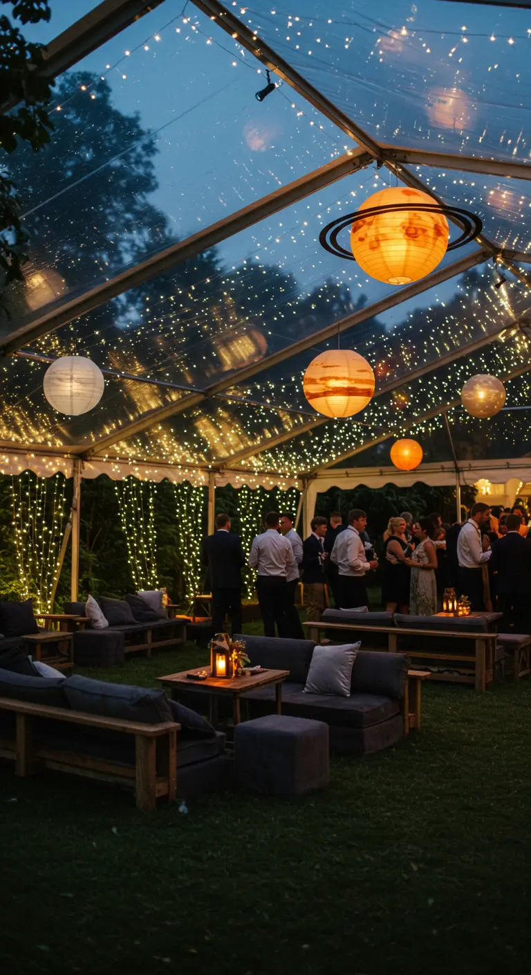Clear tent party with hanging planet paper lanterns and fairy lights everywhere.