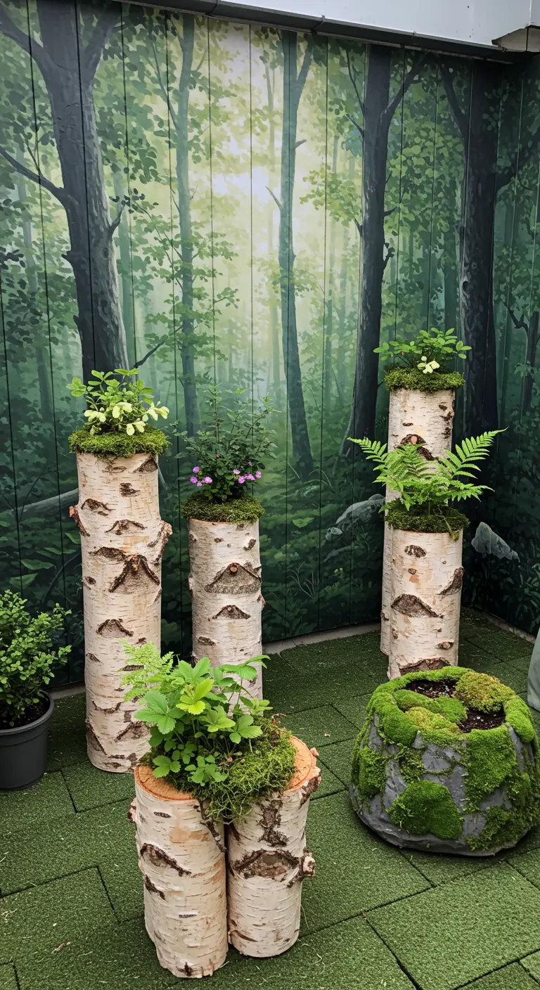 A garden corner with a forest mural and real birch logs used as planters for ferns and moss.