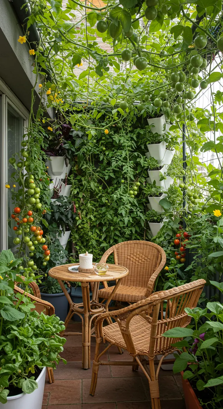 A balcony transformed into an edible garden with climbing tomatoes and vertical planters.