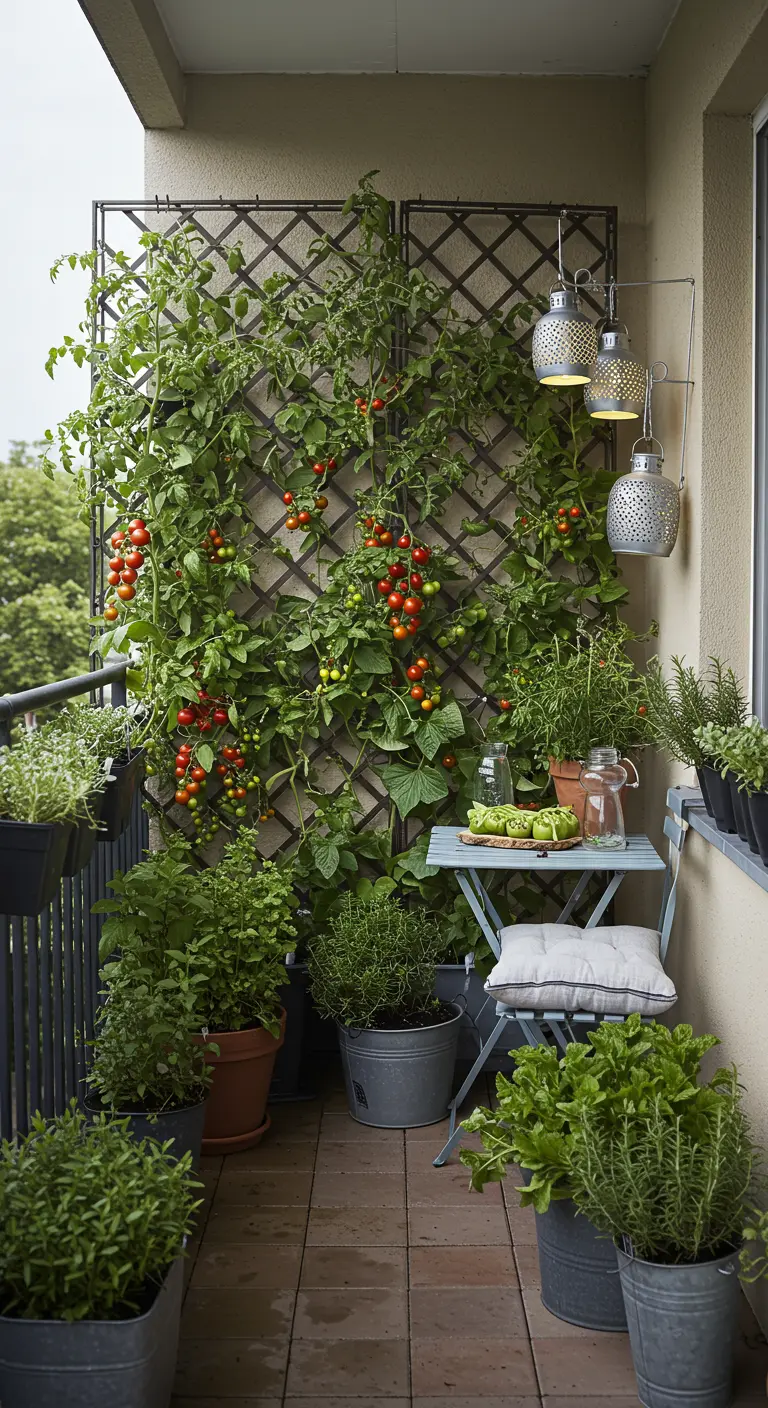 A small balcony with a trellis covered in cherry tomato plants and pots of herbs.