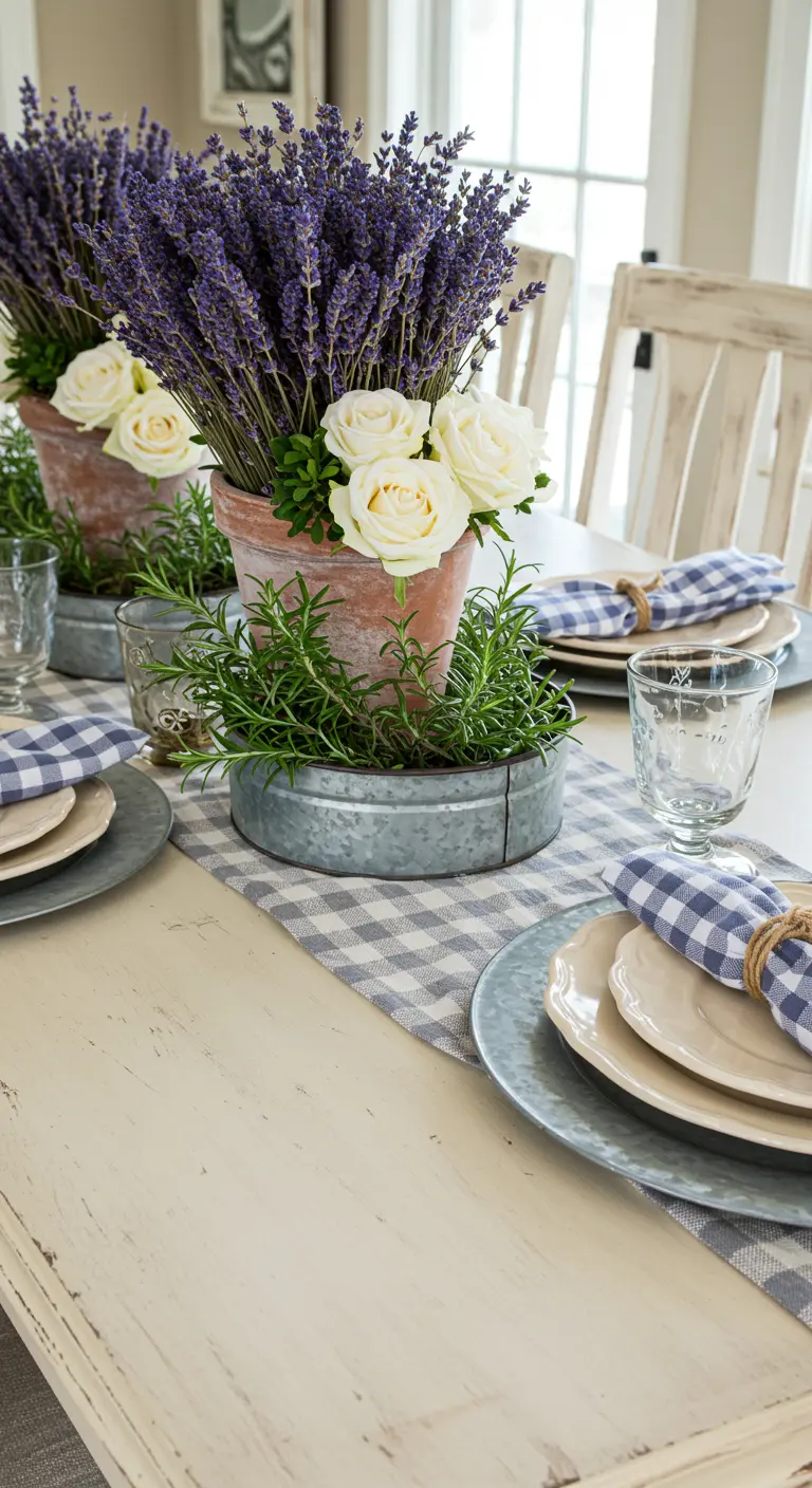 Table centerpiece with lavender and roses in terracotta pots inside a galvanized tub.