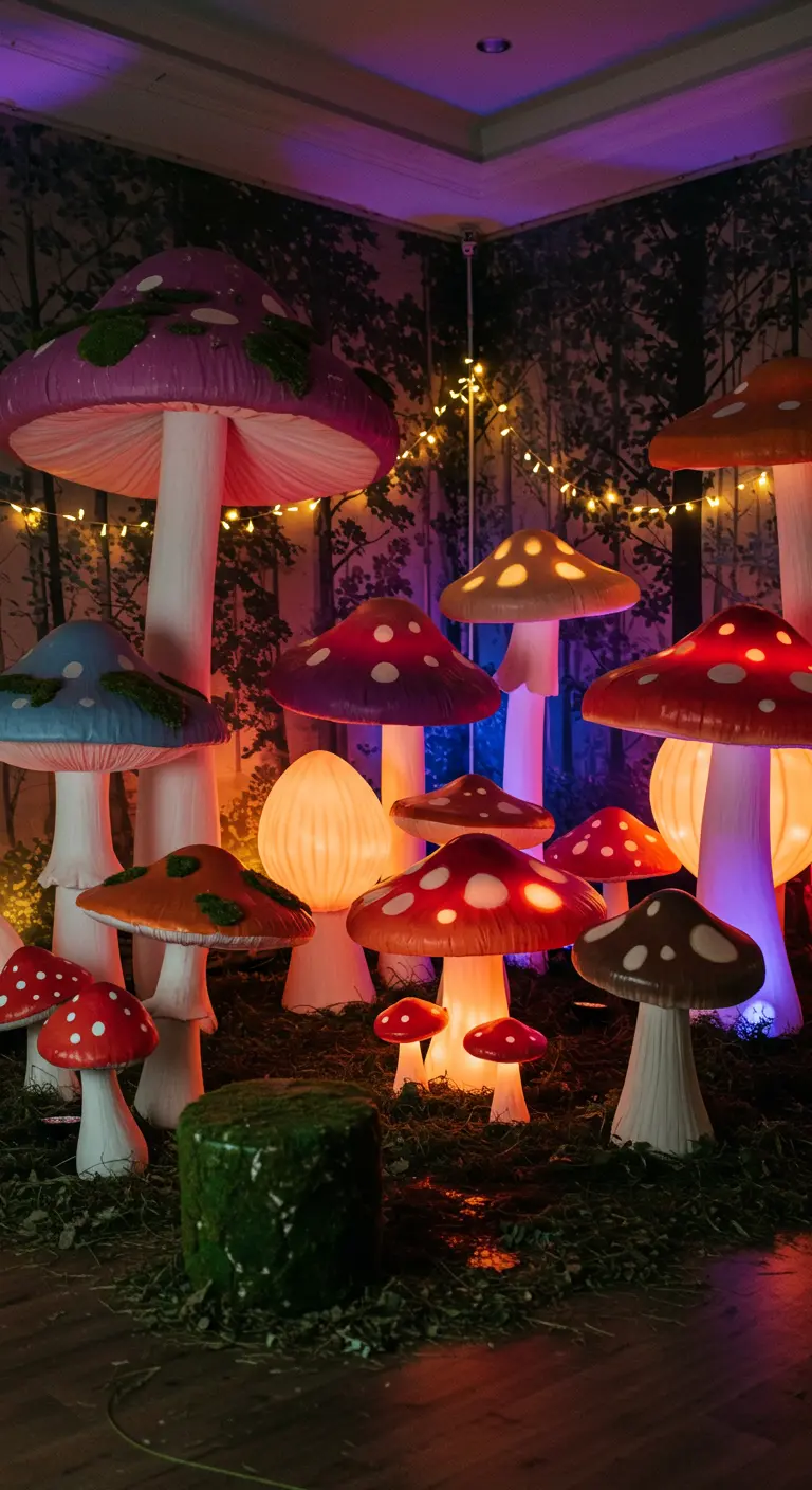 A corner filled with large, colorful, glowing mushroom props set on a mossy floor.