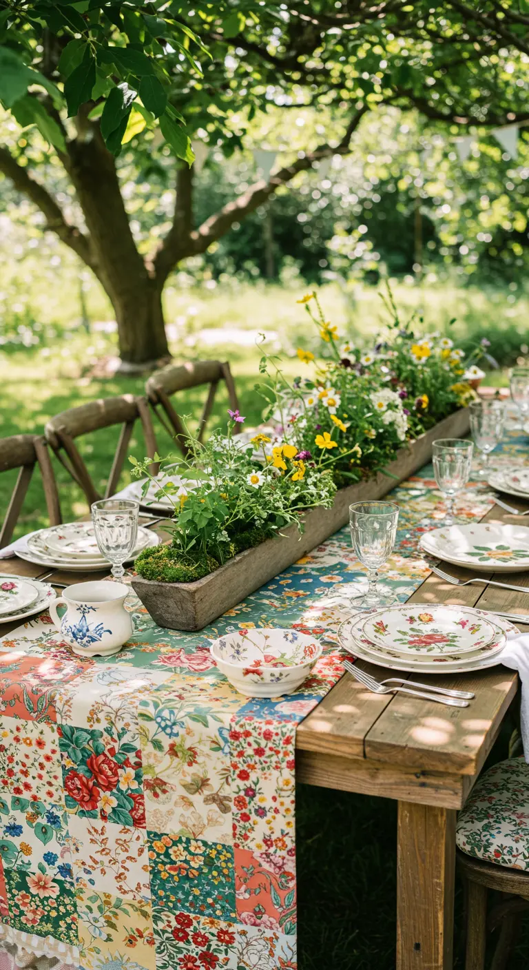 Rustic garden table with a floral patchwork runner and a long wooden trough filled with wildflowers.