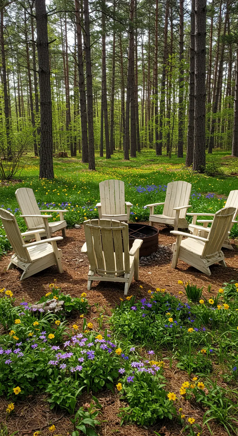 White Adirondack chairs around a fire pit in a clearing surrounded by colorful wildflowers.