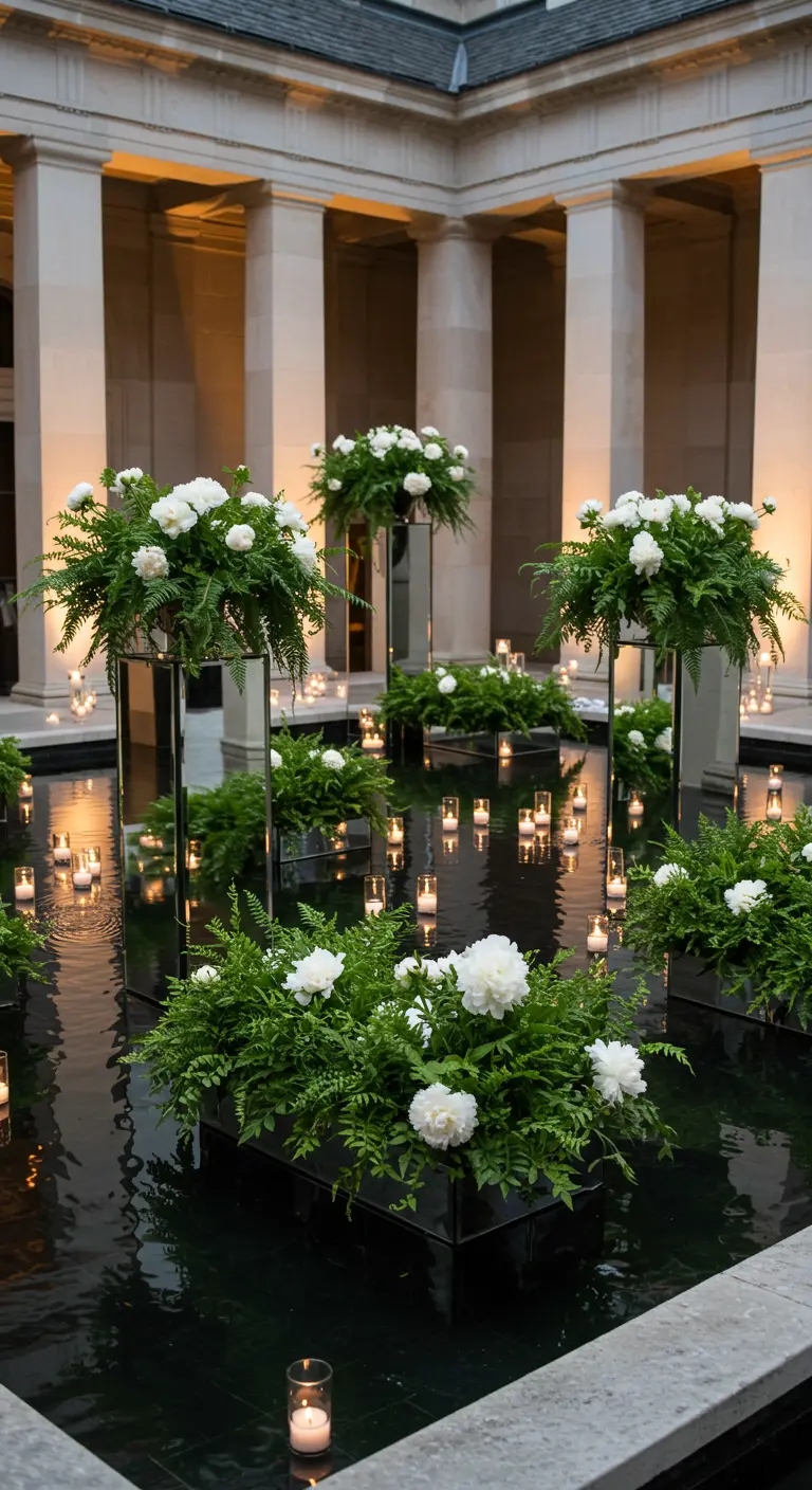 White peonies and ferns on mirrored pedestals in a shallow reflection pool.