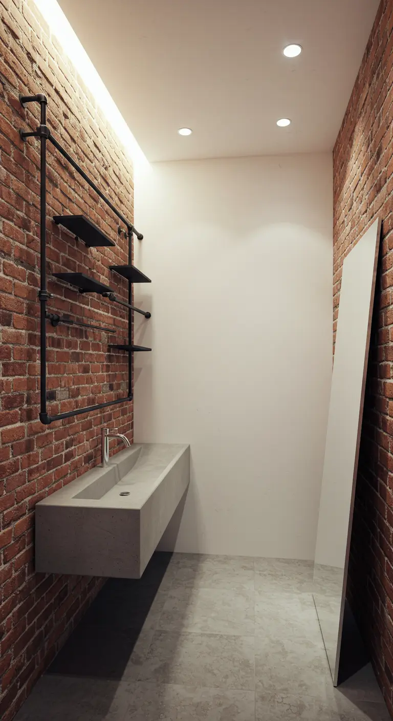 A minimalist bathroom with a brick accent wall, a floating concrete sink, and a large leaning mirror.