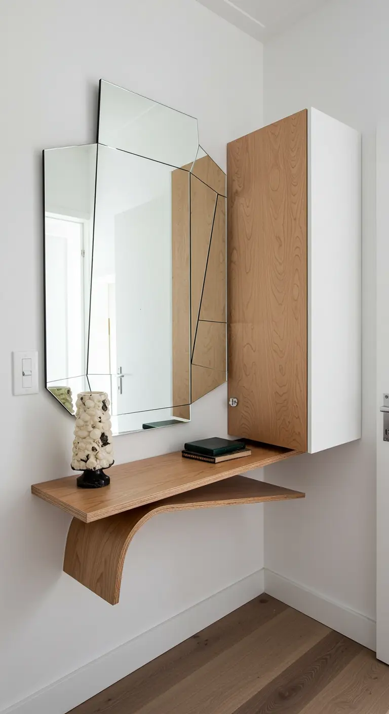 An asymmetrical entryway composition with a geometric mirror, curved shelf, and a floating cabinet.