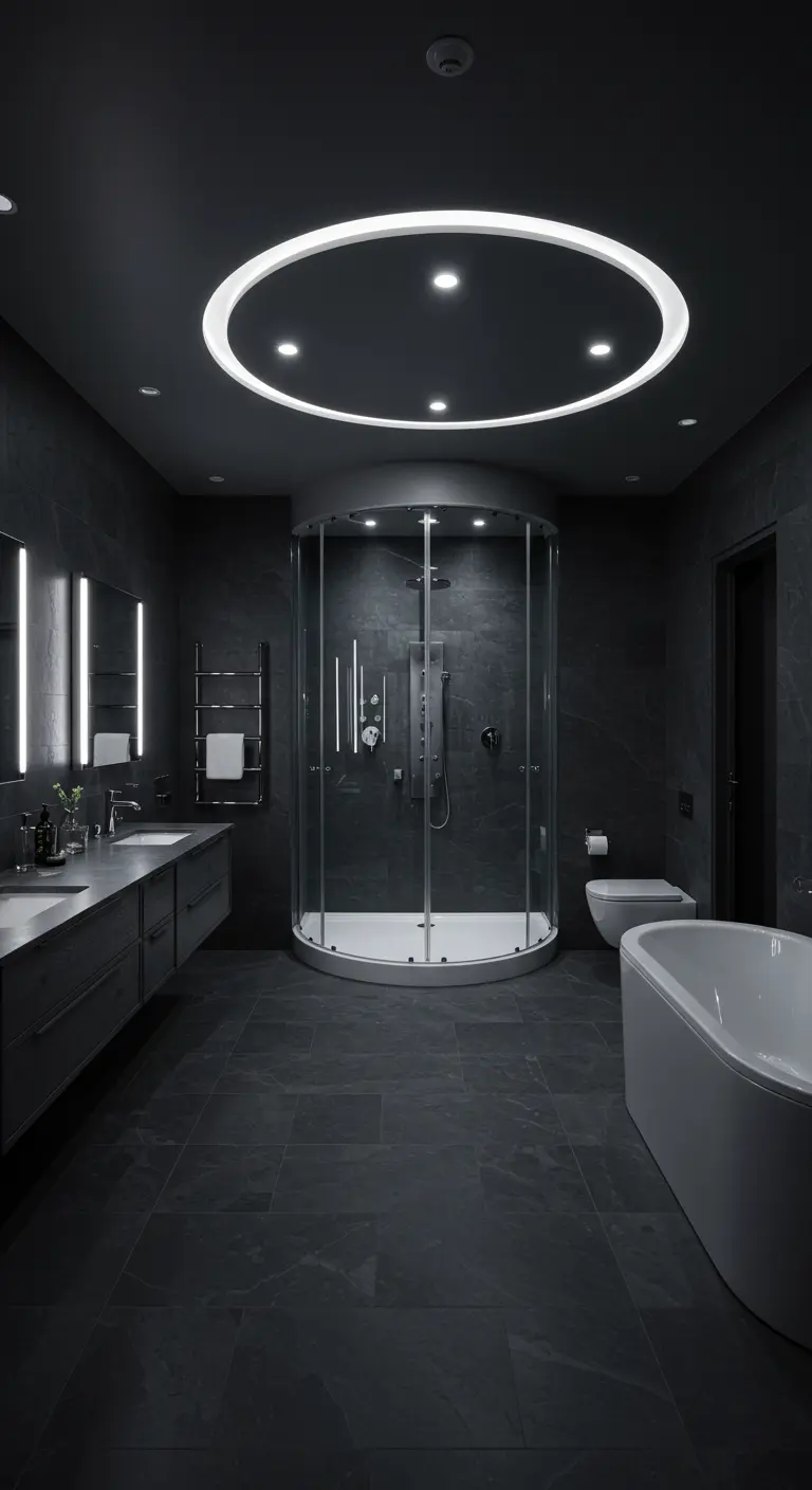 Dark gray bathroom with a large circular ceiling light and a curved glass shower enclosure.