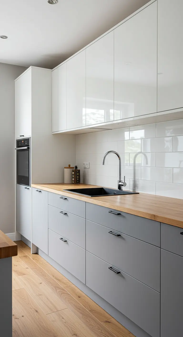 Two-tone kitchen with glossy white upper cabinets and matte grey lower cabinets.