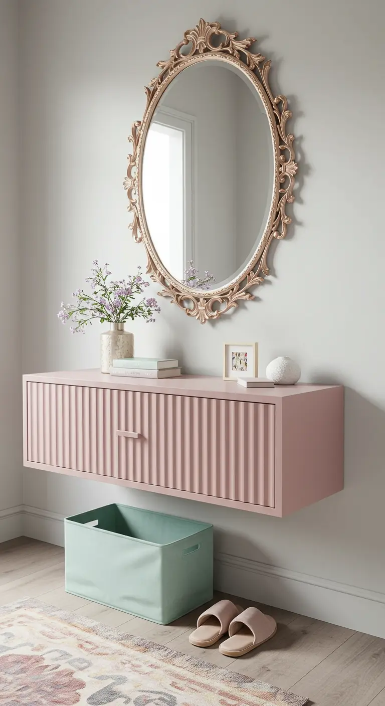 A fluted pink floating console with a single drawer, placed below an ornate gold oval mirror.