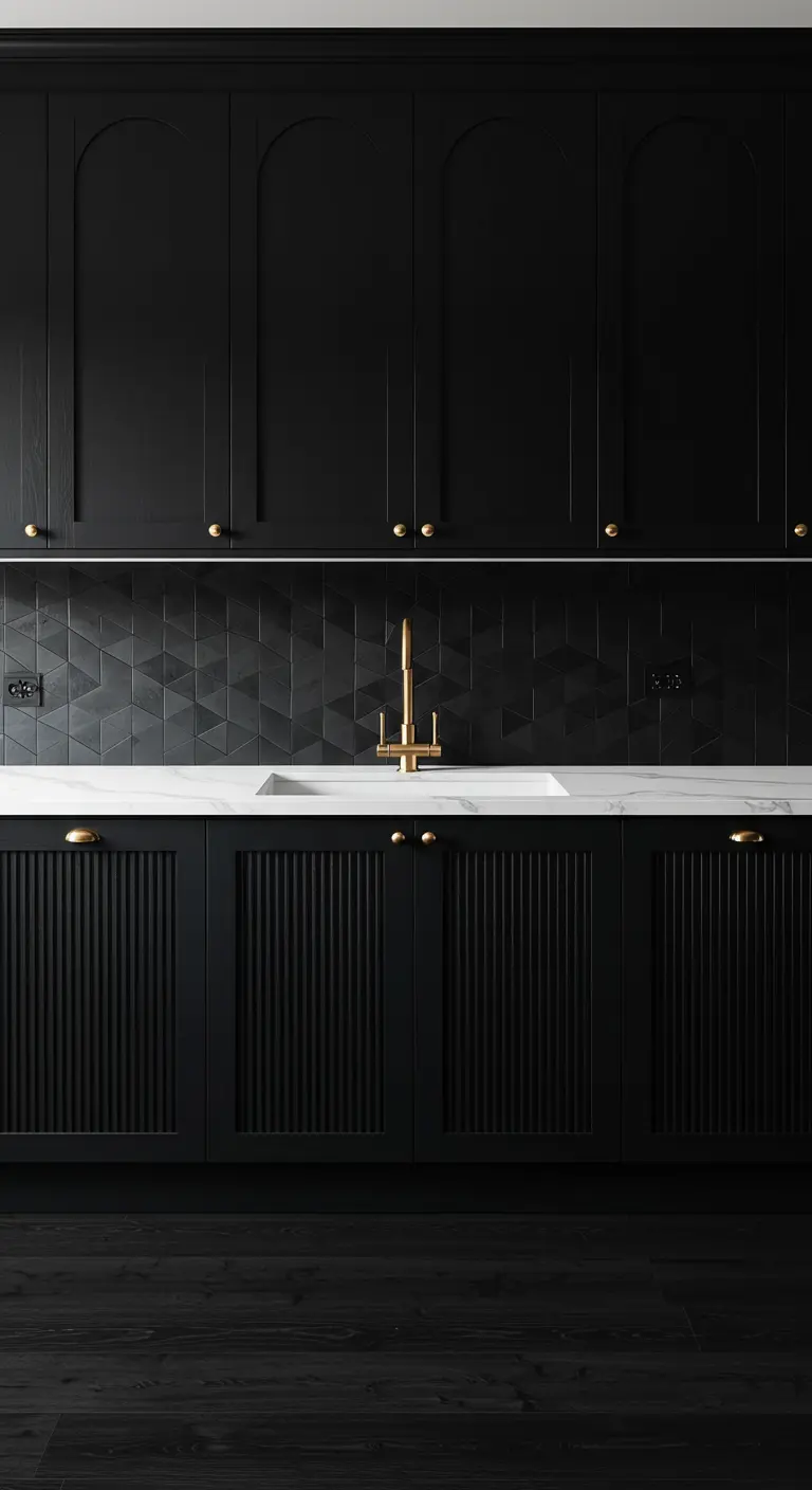 Black kitchen with a 3D geometric tile backsplash, fluted lower cabinets, and arched uppers.