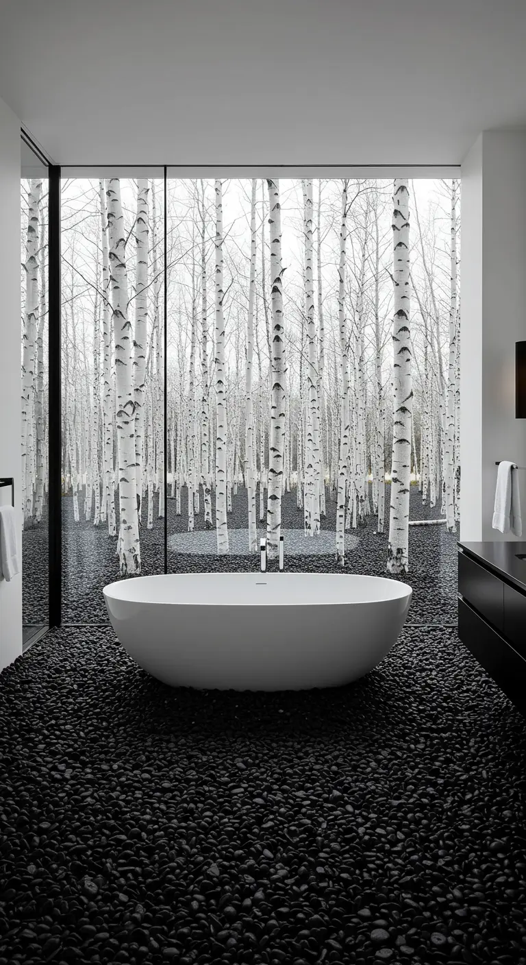 A white oval tub sits on a black pebble floor, with a view of a birch forest.
