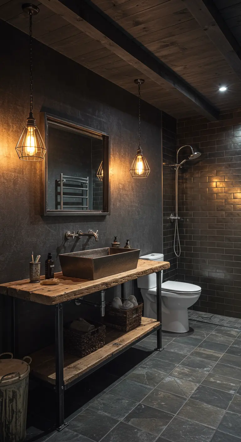 Moody bathroom with dark walls, industrial pendants, and a wood vanity.