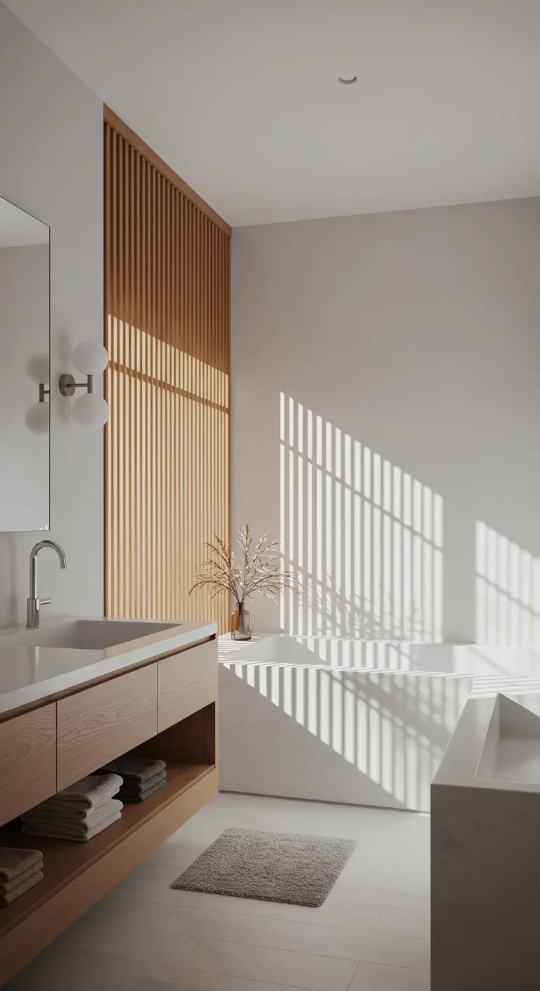 White bathroom where sunlight casts linear shadows across a wood slat wall.