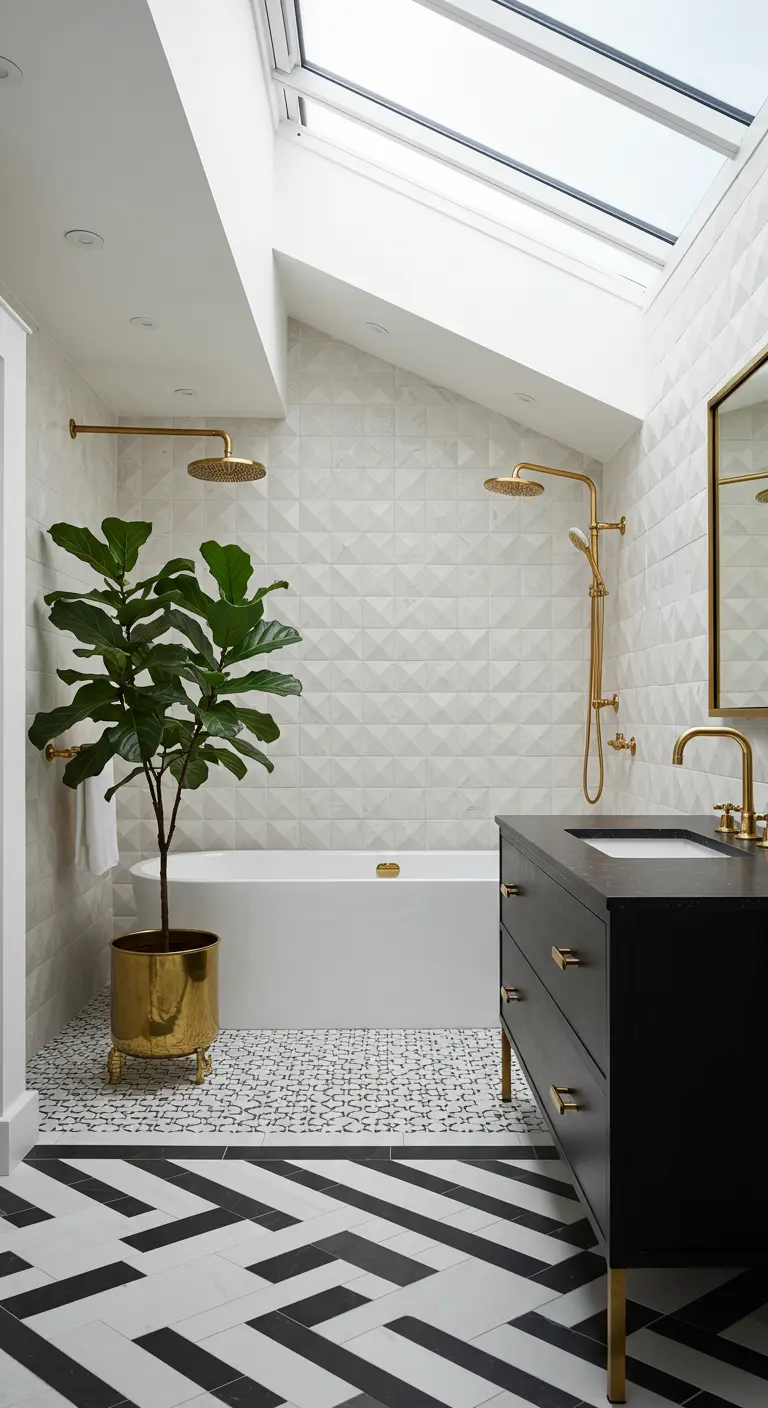 Bathroom with a skylight illuminating a wall of white 3D geometric tiles.