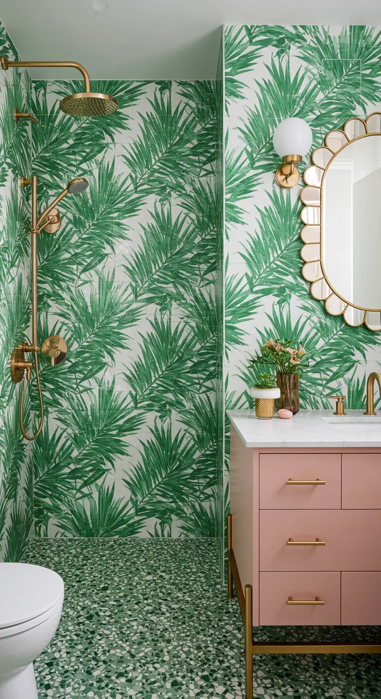 A walk-in shower with green palm-leaf patterned tile next to a blush pink vanity with gold hardware.