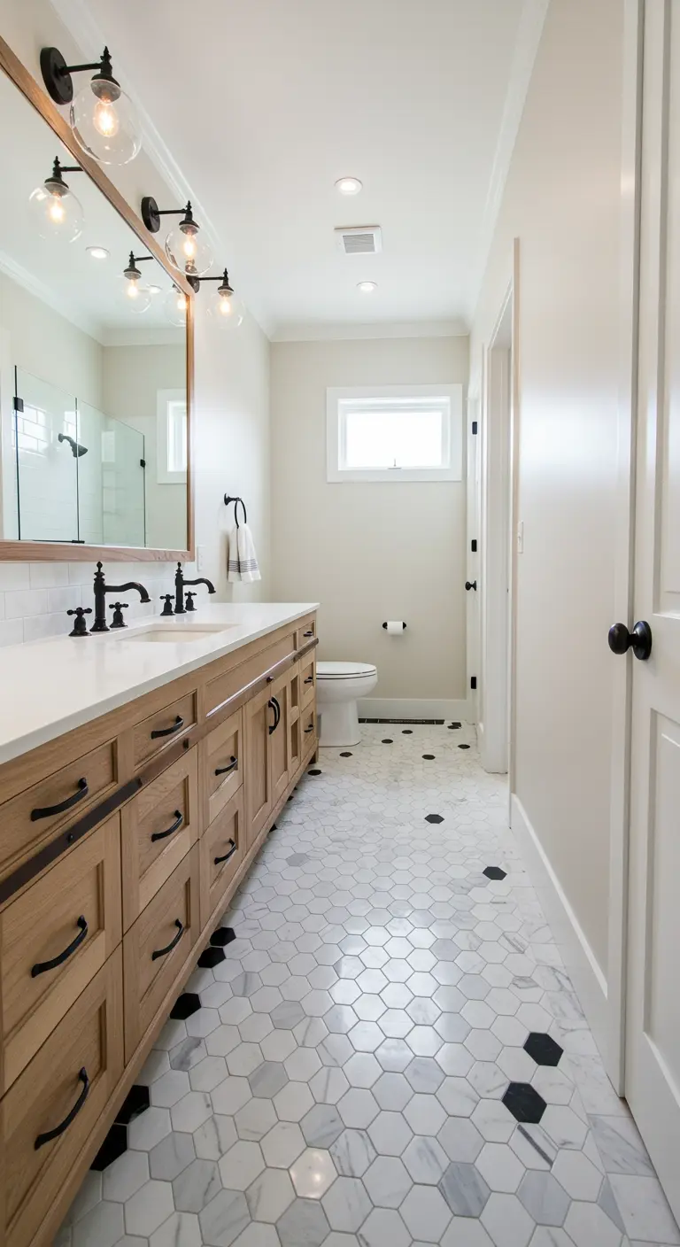 Bathroom with a long wood vanity and white hexagonal floor tiles with scattered black accents.
