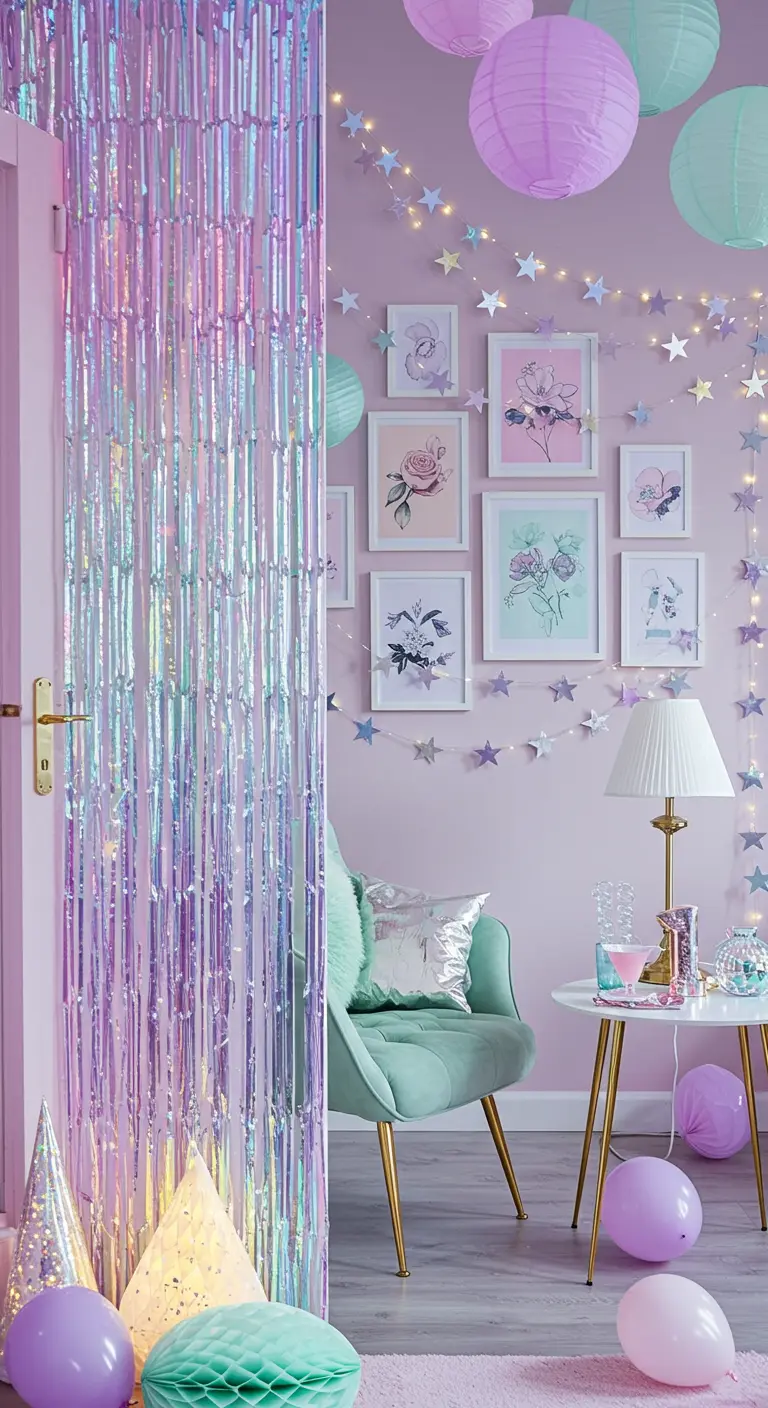 A pastel-themed room with an iridescent curtain, paper lanterns, and a gallery wall.