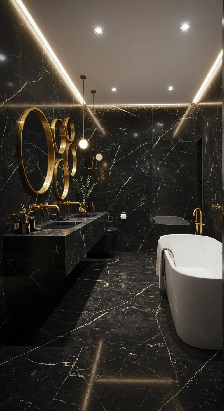 Black marble bathroom with a cluster of different-sized round gold mirrors over the vanity.