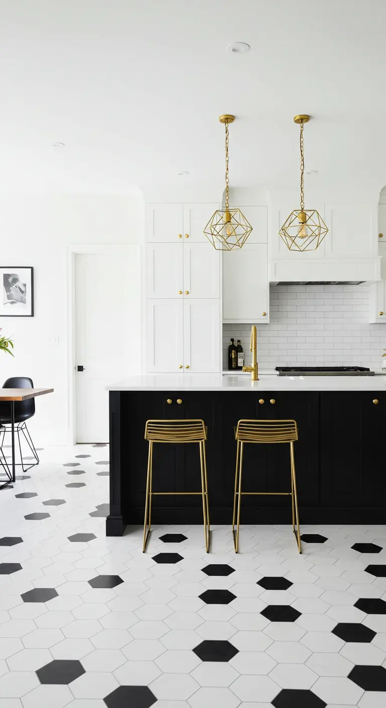 White kitchen with a black island and a floor with scattered black hexagon tiles.
