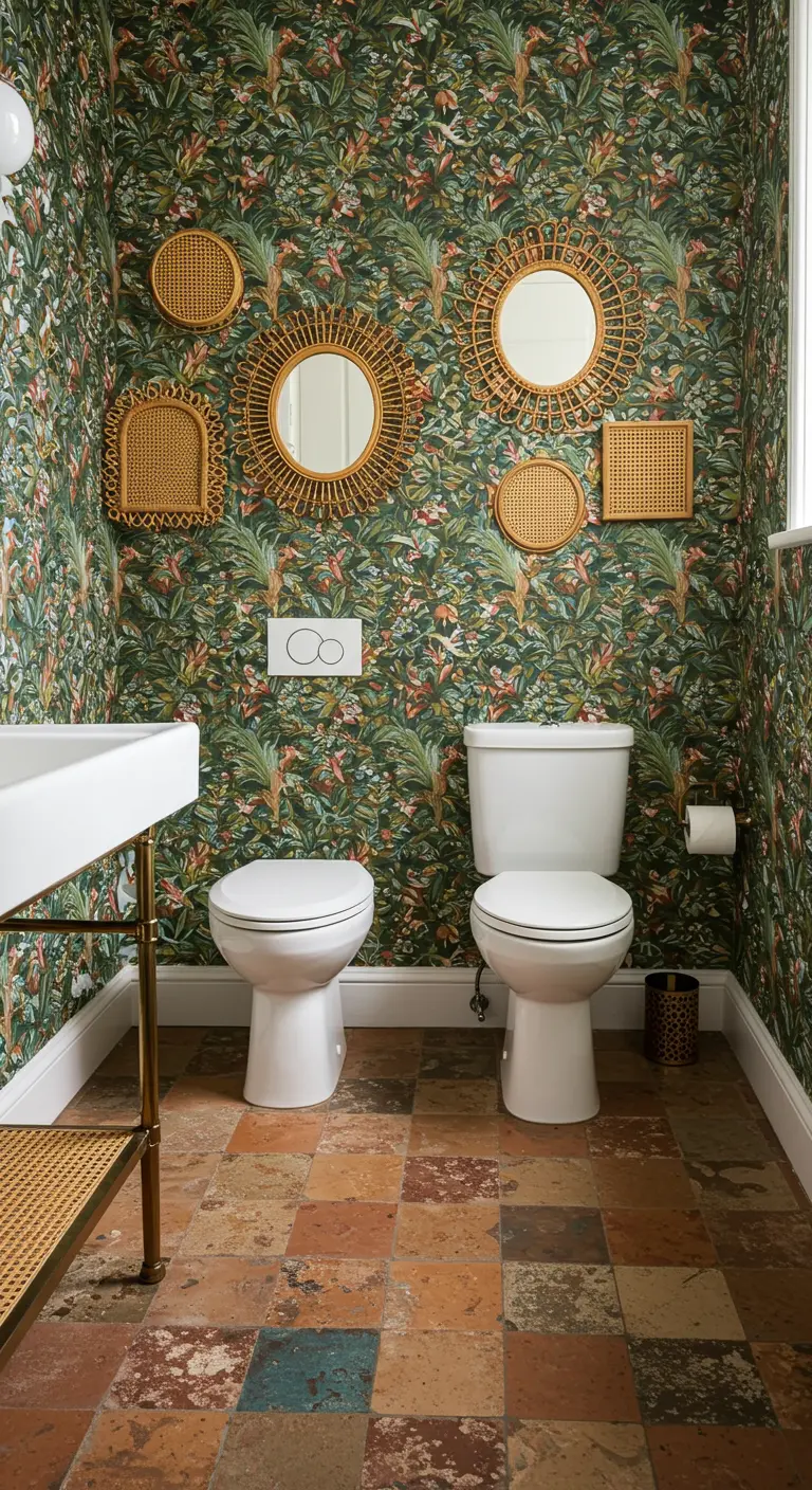 Bathroom with busy tropical wallpaper and a gallery wall of assorted rattan mirrors.
