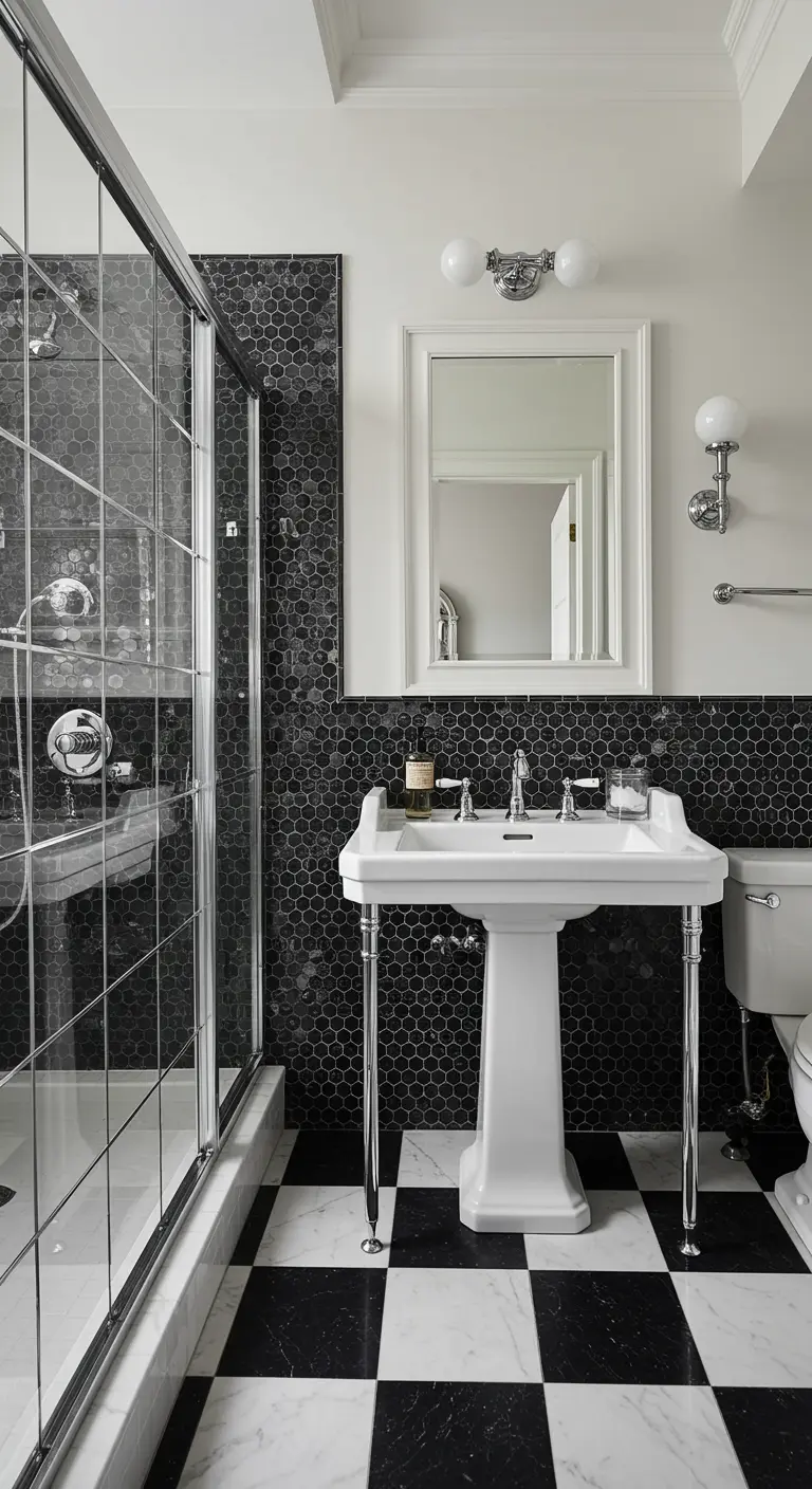 Bathroom with black hexagon tile wainscoting and a checkerboard floor.