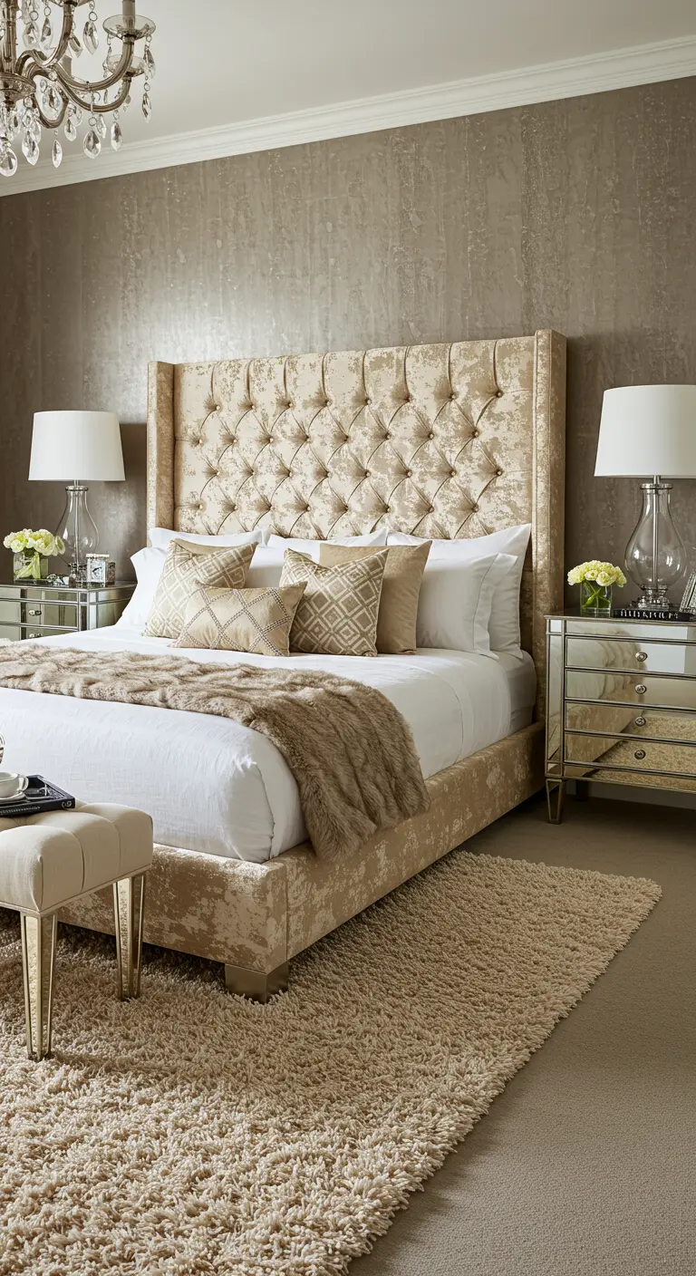 Neutral Art Deco bedroom with a crushed velvet bed, shag rug, and mirrored nightstands.