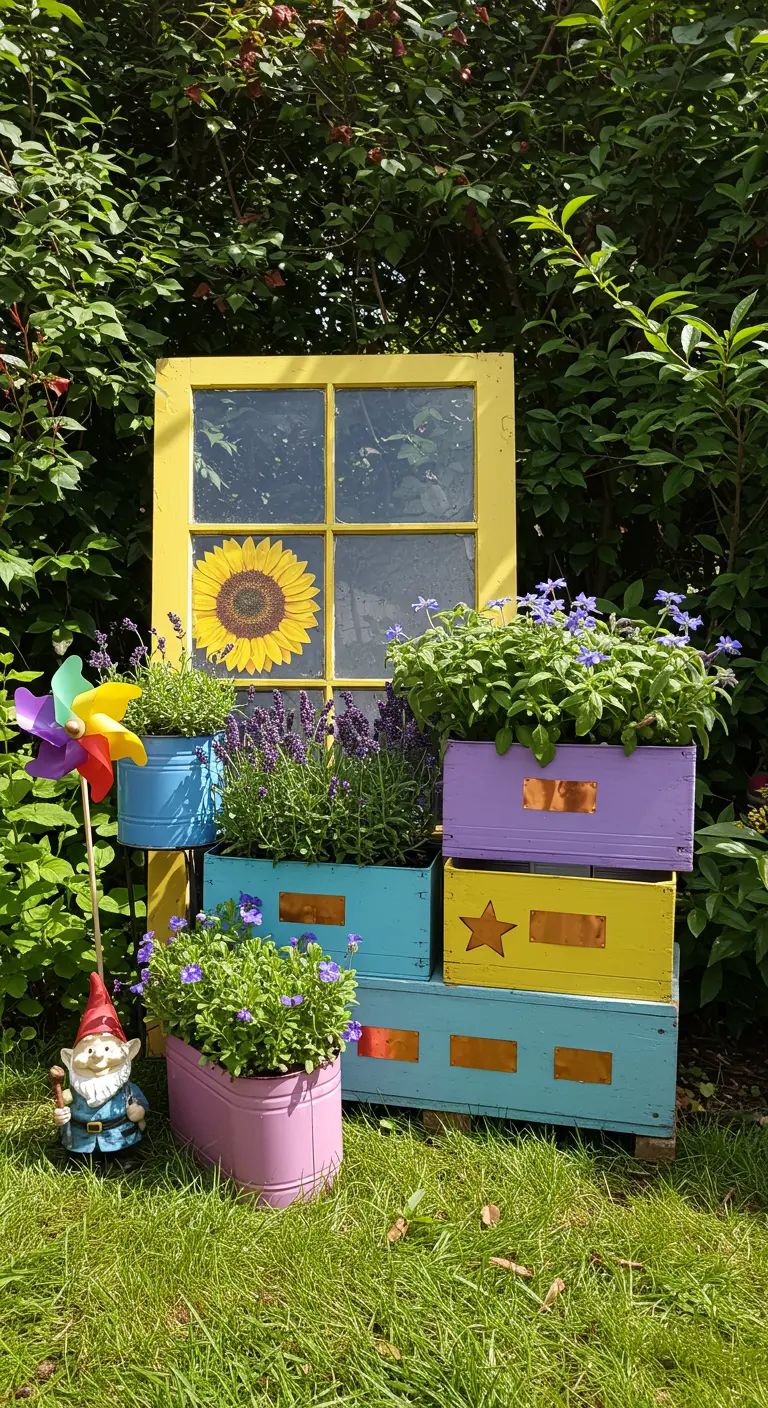 A whimsical garden corner with a yellow window frame and planters painted in various bright colors.