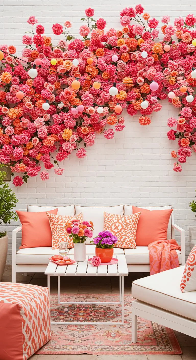 A vibrant, asymmetrical cascade of pink and coral roses with colorful globe lights on a white wall.