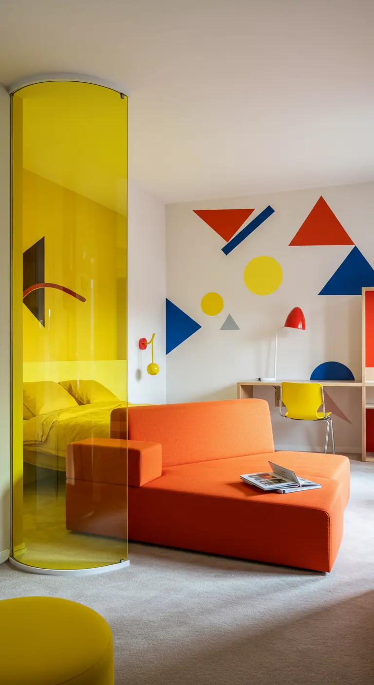 Studio with a curved yellow glass divider, orange sofa, and geometric wall art.