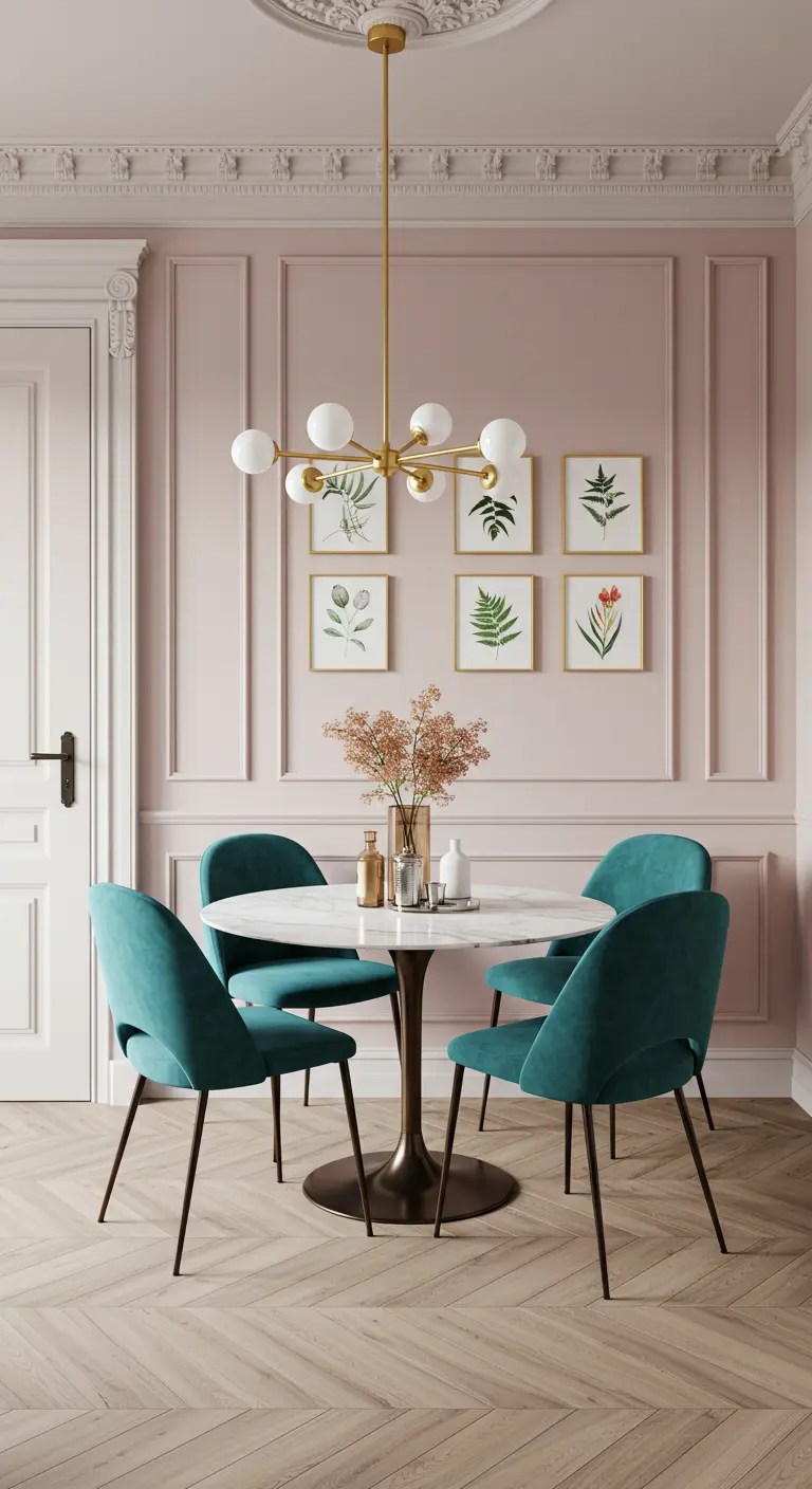 Dining nook with pink walls, teal velvet chairs, and a small gallery wall of botanical prints.